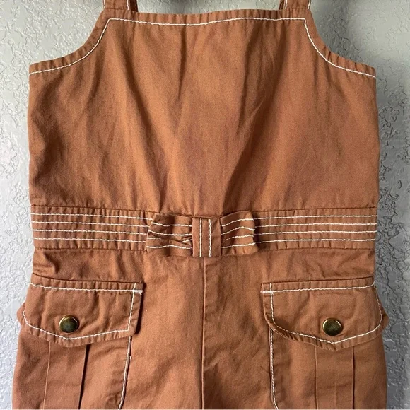 Janie and Jack Baby Girl 18-24M Twill Contrast Stitch Bow Romper Soft Caramel - Picture 3 of 11